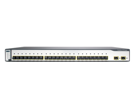 WS-C3750-24FS-S - 24x FE 10/100 MT-RJ, uplink 2x 1G SFP, opr. IP Base, Stack, Warstwa L3, Cisco Catalyst 3750 Switch
