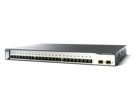 WS-C3750-24FS-S - 24x FE 10/100 MT-RJ, uplink 2x 1G SFP, opr. IP Base, Stack, Warstwa L3, Cisco Catalyst 3750 Switch