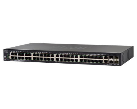 SG350X-48P-K9-EU - 24x 1GE RJ45, PoE+ 382W 802.3at, uplink 4x 10 Gigabit Ethernet (2x 10GB RJ45/SFP+ combo, 2x 10G SFP+), Cisco SMB Switch