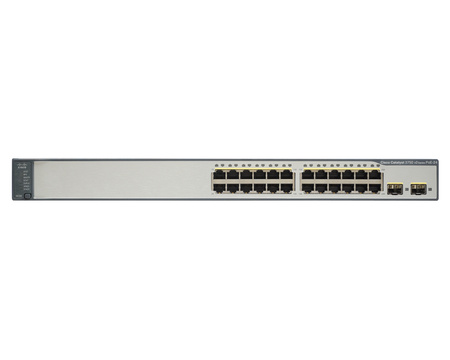 WS-C3750V2-24PS-E - 24x FE 10/100 RJ45, PoE 370W 802.3af, uplink 2x 1G SFP, opr. IP Services, Warstwa L3, Cisco Catalyst 3750v2 Switch