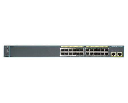 WS-C2960-24LT-L - 24x FE 10/100 RJ45 (8x PoE 802.3af), uplink 2x 1GE, opr. LAN Base, Warstwa L2, 1U Cisco Catalyst 2960 Switch