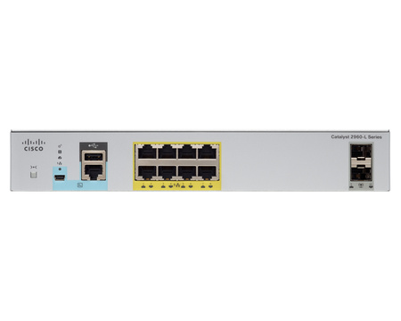 WS-C2960L-8PS-LL - 8x 1GE RJ45, PoE+ 67W 802.3at, uplink 2x 1G SFP, opr. LAN Lite, Warstwa L2, Fanless Chłodzenie pasywne, Cisco Catalyst 2960-L Desktop Switch