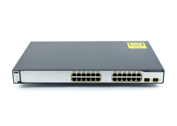 WS-C3750-24TS-E - 24x FE 10/100 RJ45, uplink 2x 1G SFP, opr. IP Services, Stack, Warstwa L3, Cisco Catalyst 3750 Switch