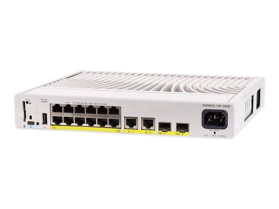 C9200CX-12P-2X2G-E - 12x 1GE RJ45, PoE+ 240W 802.3at, uplink 2x 10G SFP+/RJ45 Combo, Licencja Essentials, Cisco Catalyst 9200-CX Switch