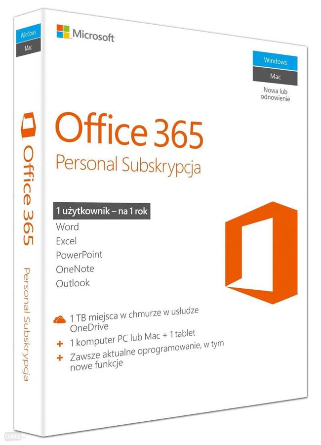 Microsoft Office 365 Personal PL- licencja 12 misięcy ESD. Aplikacje z funkcjami premium i aktualizacjami: Word, Excel, PowerPoint, Outlook, OneDrive, OneNote, Editor, 1TB