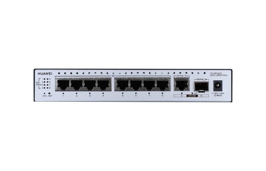 S5731-L8P2HT-RUA - 8x 10/100/1000BASE-T ports, PoE+, 1x GE hybrid optical-electrical SFP port, 1x10/100/1000BASE-T port, PoE input, CloudEngine S5731, Huawei Switch