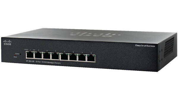 SRW208-K9 - 8x 10/100M Fast Ethernet RJ45, VLAN, 802.1x - uwierzytelnianie RADIUS, wartstwa L3, chłodzony pasywnie - Cisco SF300-08 Switch