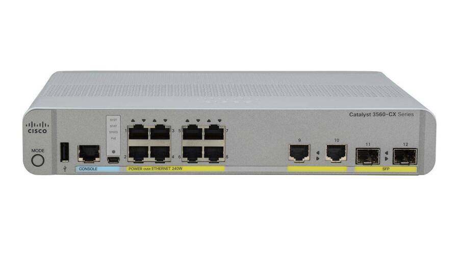 WS-C3560CX-8PC-S - 8x 1GE RJ45, uplink 2x 1G SFP, 2x 1G RJ45, PoE+ 240W 802.3at, opr. IP Base, Chłodzenie pasywne, Warstwa L3, Cisco Catalyst 3560-CX Switch