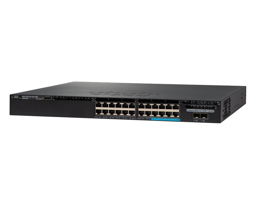 WS-C3650-8X24PD-L - 24 (16 10/100/1000 and 8 100Mbps/1/2.5/5/10 Gbps) Ethernet and 2x10G Uplink ports,PoE+ with 715WAC power supply, 1 RU, LAN Base, Cisco Catalyst 3650 Optional Stacking Switch